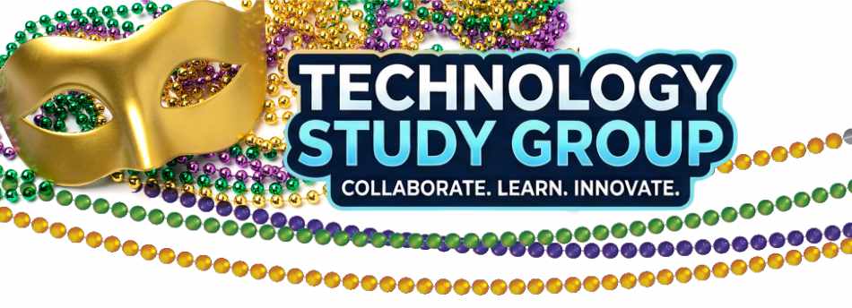 Mardi Gras mask and beads, with the words Tech Study Group.