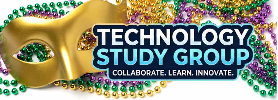Mardi Gras mask and beads, with the words Tech Study Group.