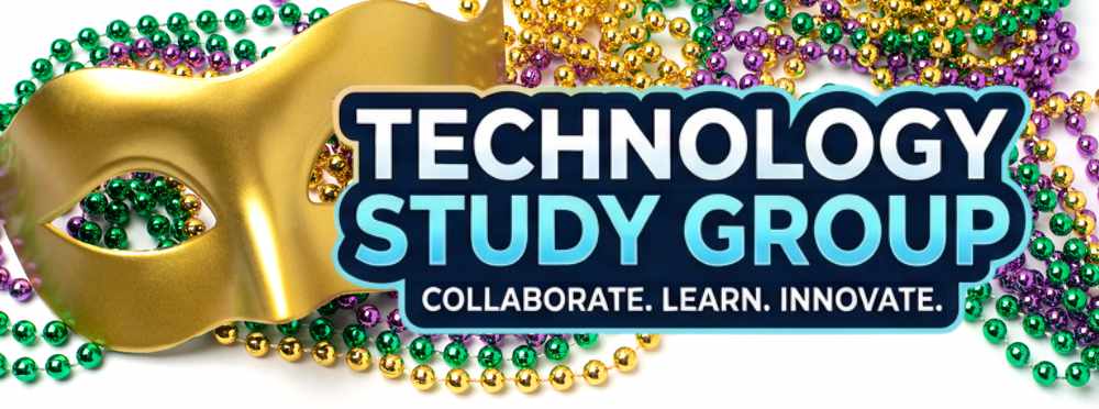 2027 tech study MArdi Gras mask and beads, with the words Tech Study Group.